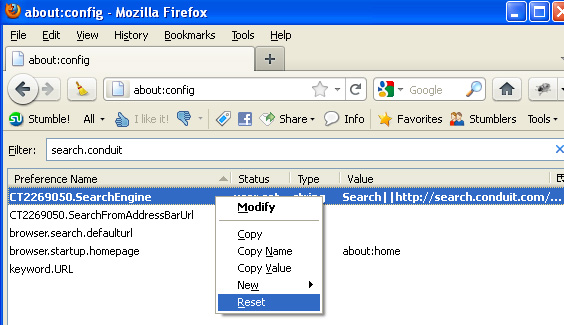 Resetting Conduit Search Engine Parameters In Firefox Browser