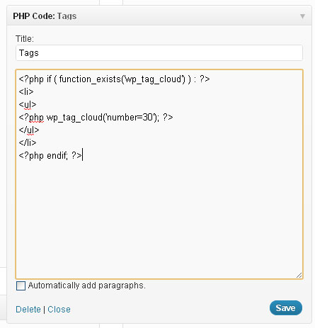 Add Custom Tag Cloud Code into PHP Code Widget