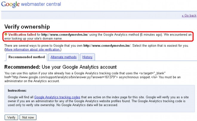 Google Webmaster Central - Verification Failed