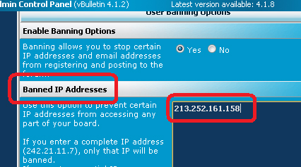 vBulletin IP Address Blocking - Enter IP Address