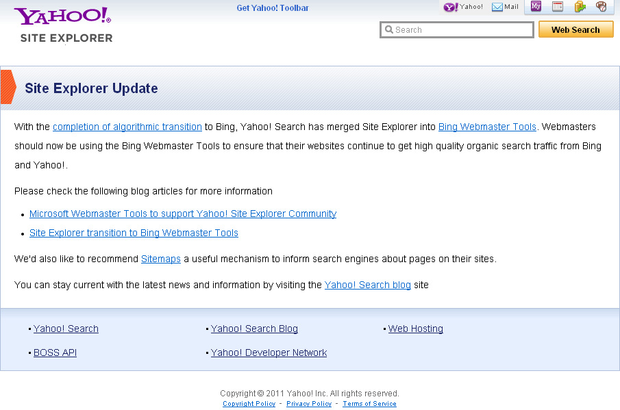 Yahoo Site Explorer Shut Down