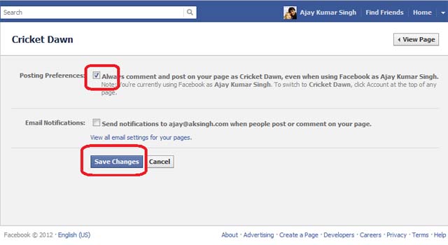 Facebook - Edit Page - Your Settings