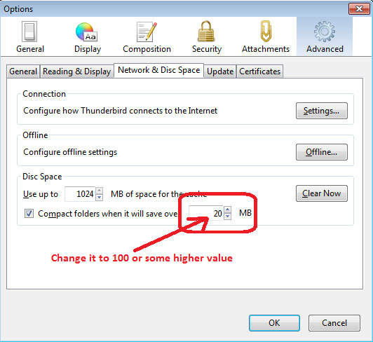 How to change Compact Now settings in Thunderbird