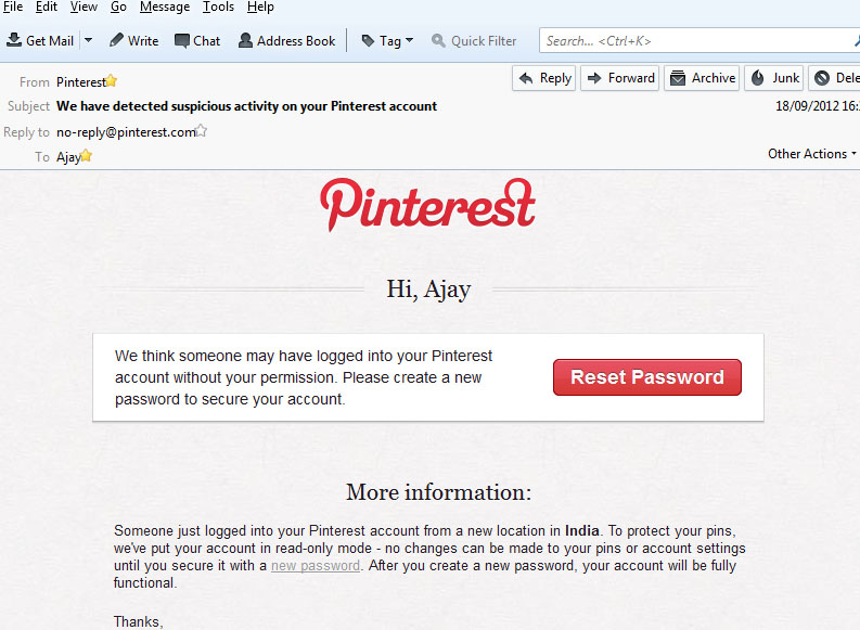 We have detected suspicious activity on your Pinterest account
