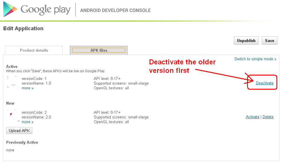 Deactivate the previous version Deactivate the previous version