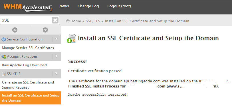 WHM SSL Installed Successfully