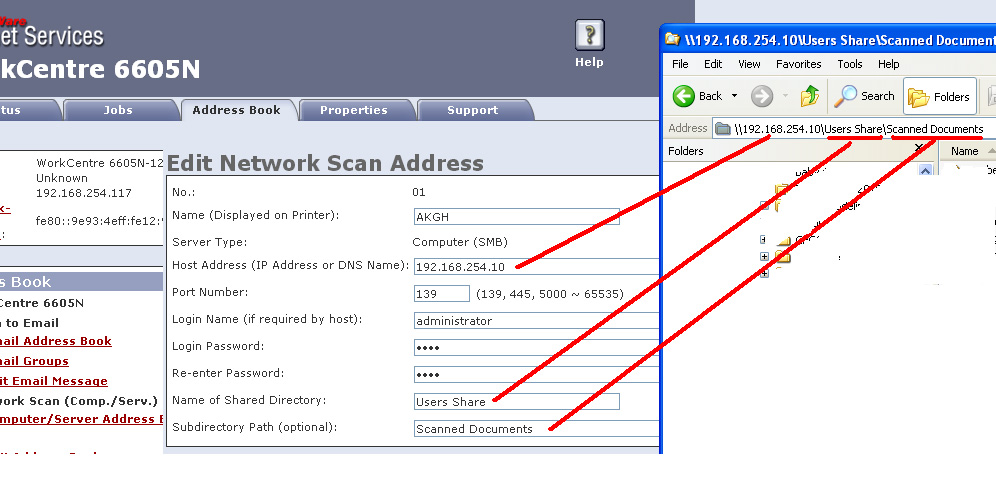 Xerox WorkCenter 6605, Scan To SMB Error, Invalid SMB Share Name Specified,031-523,Xerox WorkCenter 6605 SMB scan settings vs Network path