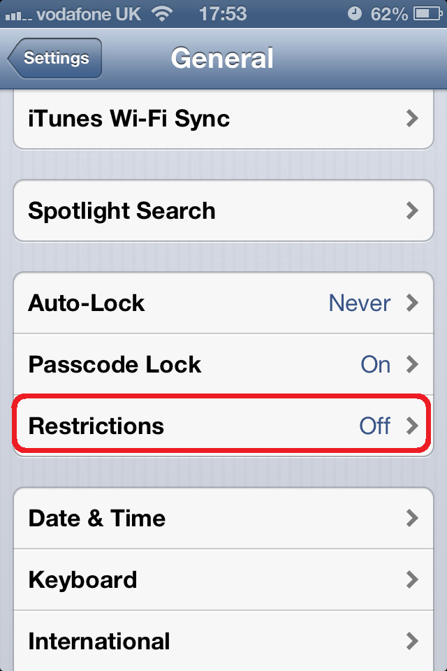 iPhone Settings General Restrictions