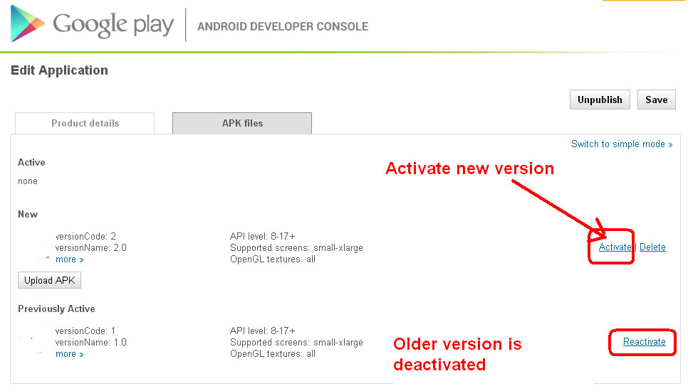 Google Play Console Deactivate Apk